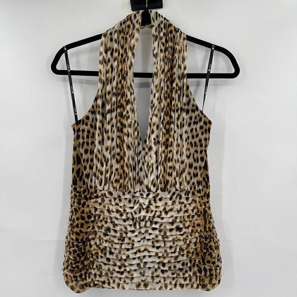 Tadoshi Multicolor Leopard Print Ruched Pleated Open Back Halter Top Large